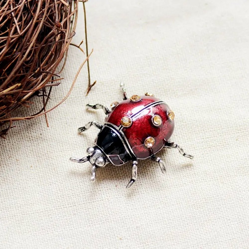 Super Cute Vintage Style Enamel And Faceted Rhinestone • Ladybug Brooch